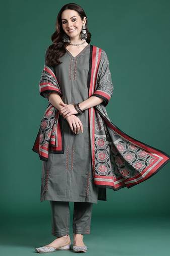 Embroidered Thread Work Pure Cotton Kurta with Trousers & With Dupatta
