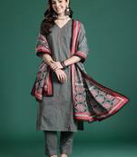 Embroidered Thread Work Pure Cotton Kurta with Trousers & With Dupatta
