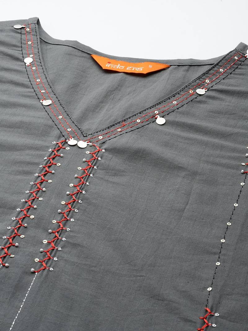 Embroidered Thread Work Pure Cotton Kurta with Trousers & With Dupatta