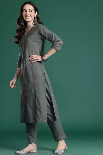 Embroidered Thread Work Pure Cotton Kurta with Trousers & With Dupatta