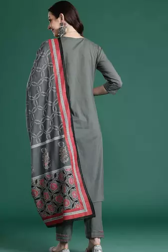 Embroidered Thread Work Pure Cotton Kurta with Trousers & With Dupatta
