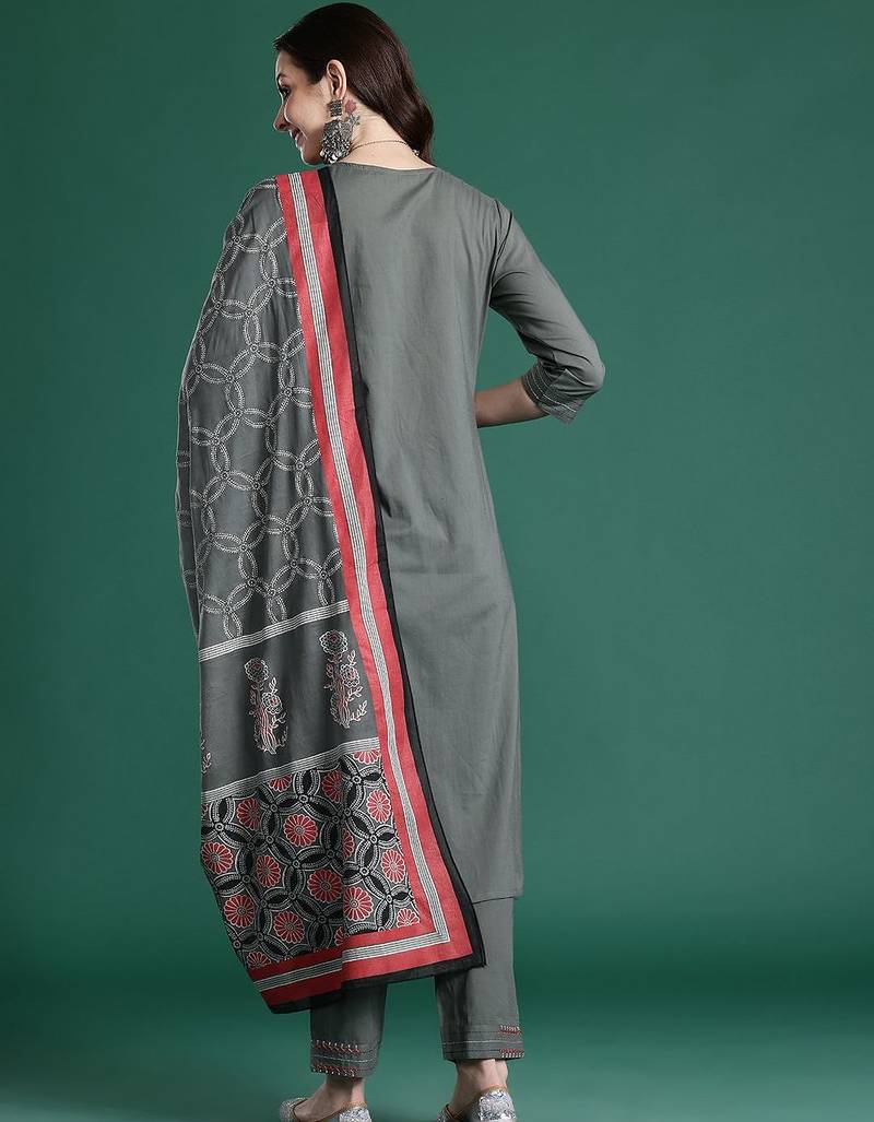 Embroidered Thread Work Pure Cotton Kurta with Trousers & With Dupatta