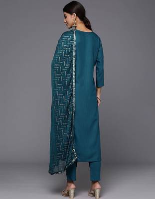 Ethnic Motifs Embroidered Regular Sequinned Kurta with Trousers & Dupatta 6