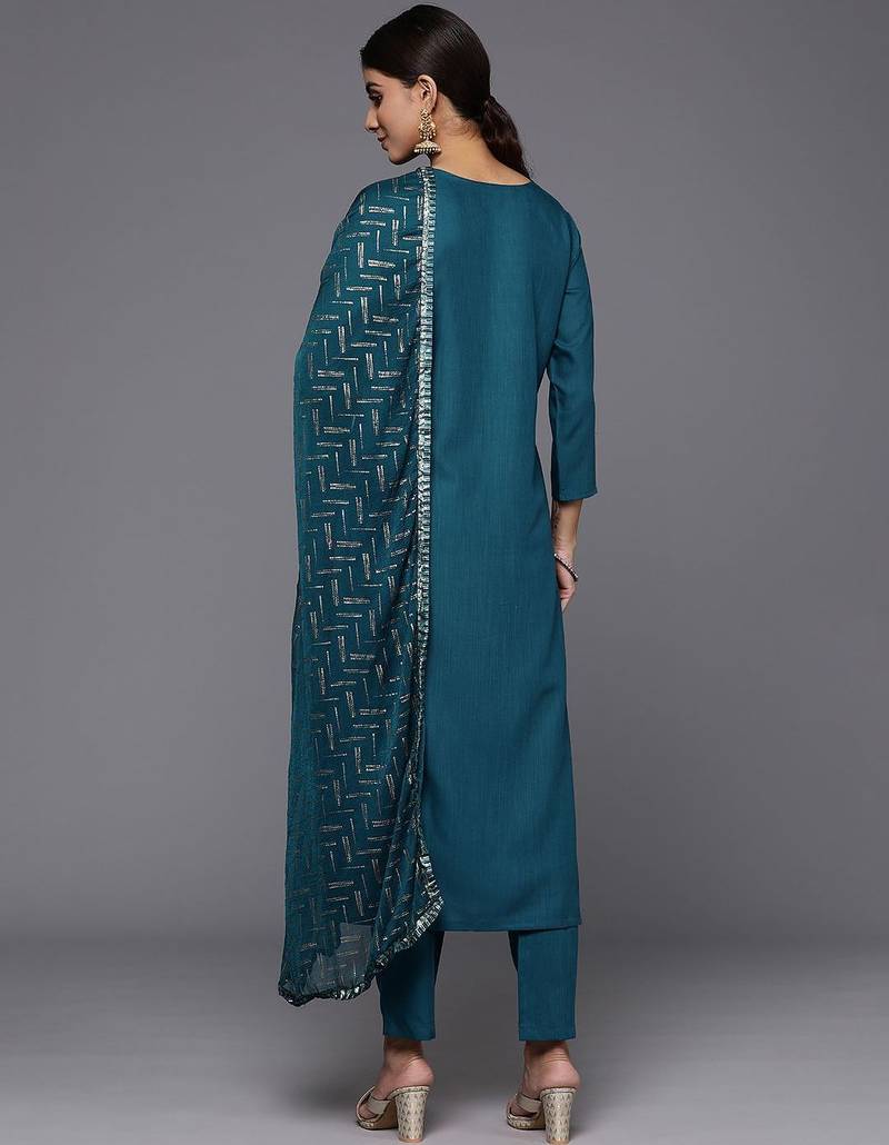 Ethnic Motifs Embroidered Regular Sequinned Kurta with Trousers & Dupatta