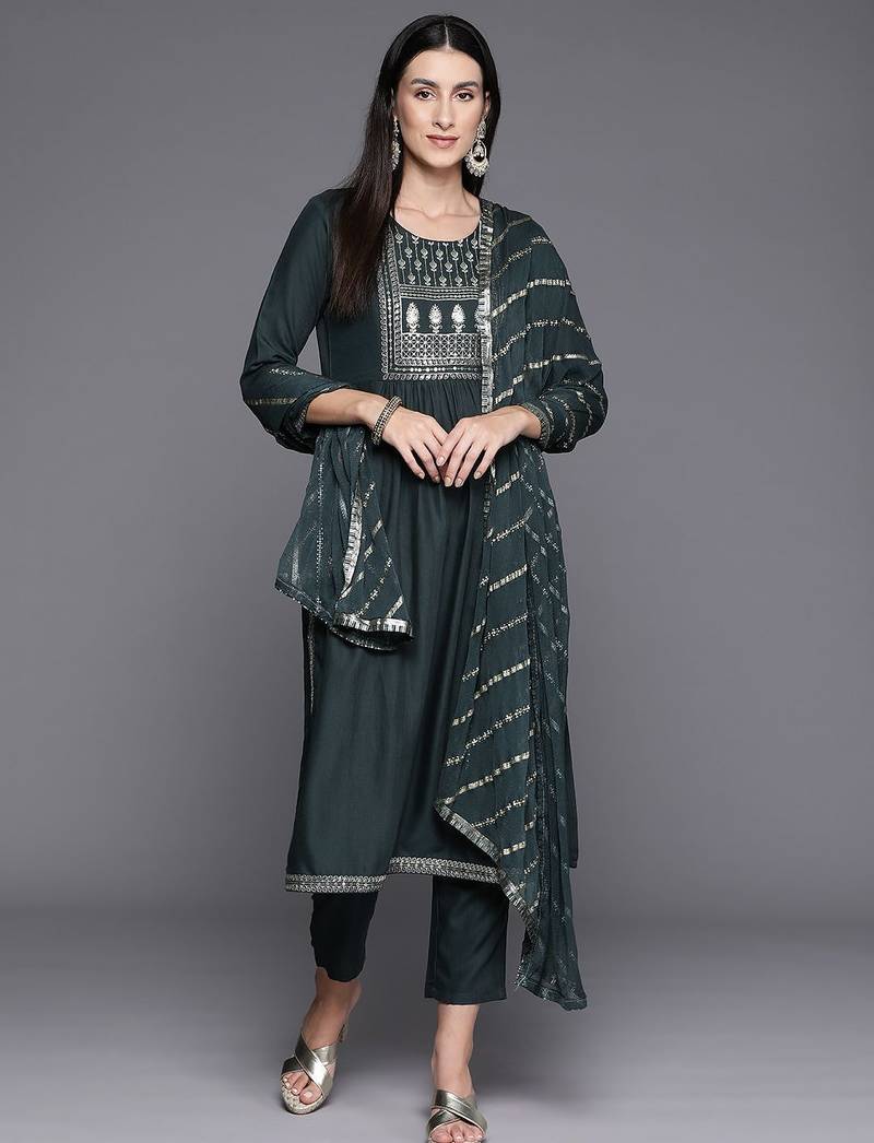 Women Ethnic Motifs Yoke Design Regular Sequinned Kurta with Trousers & Dupatta