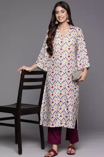 Abstract Woven Design Flared Kurta with Trousers