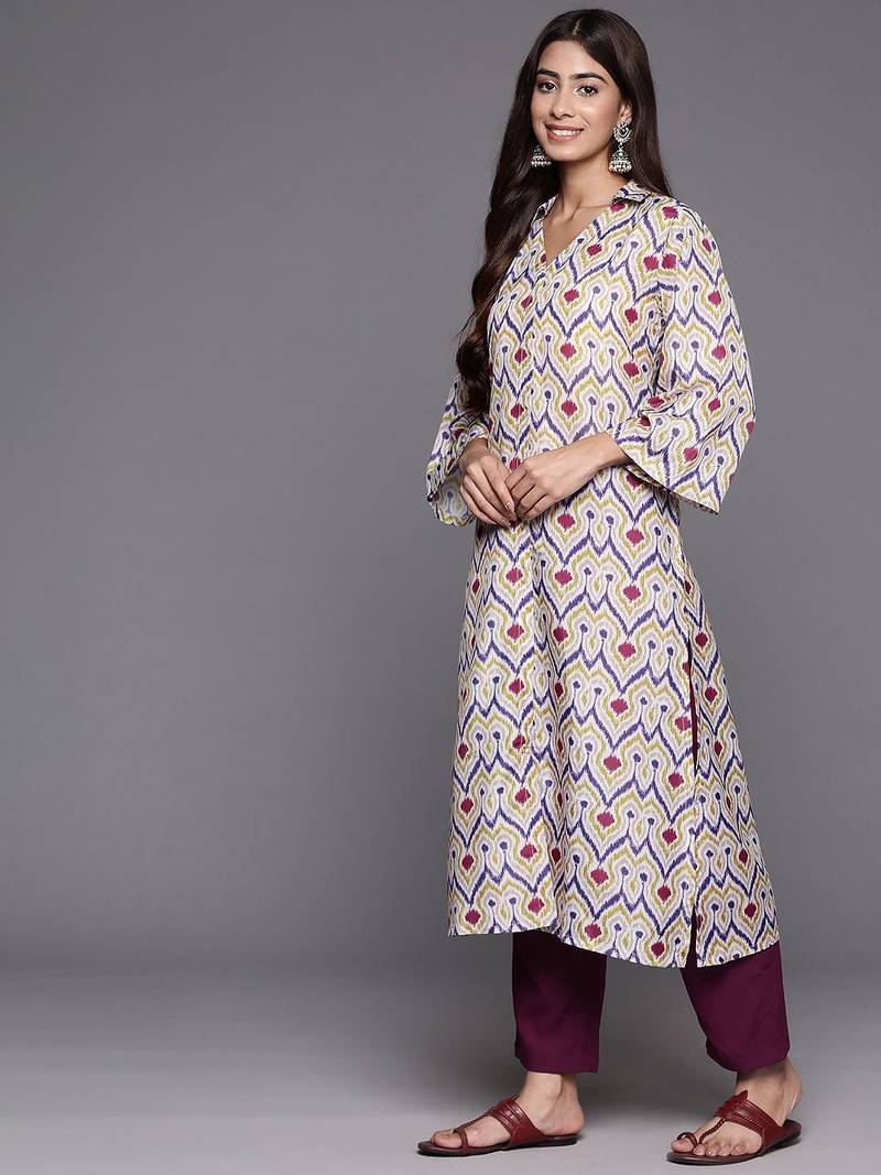 Abstract Woven Design Flared Kurta with Trousers