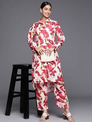 Women Abstract Printed Shirt Collar Straight Kurta With Tonal Bottom 1