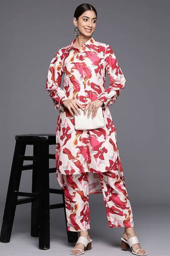 Women Abstract Printed Shirt Collar Straight Kurta With Tonal Bottom