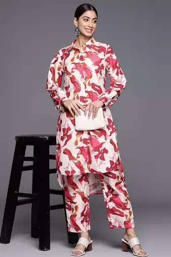 Women Abstract Printed Shirt Collar Straight Kurta With Tonal Bottom