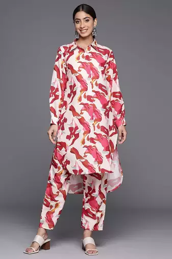 Women Abstract Printed Shirt Collar Straight Kurta With Tonal Bottom