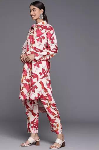 Women Abstract Printed Shirt Collar Straight Kurta With Tonal Bottom
