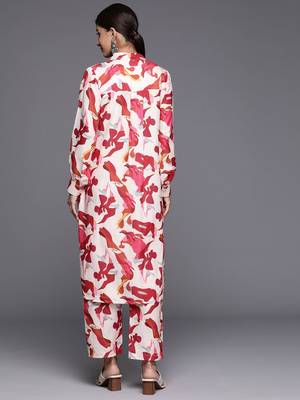 Women Abstract Printed Shirt Collar Straight Kurta With Tonal Bottom 6