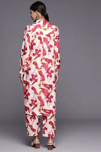 Women Abstract Printed Shirt Collar Straight Kurta With Tonal Bottom