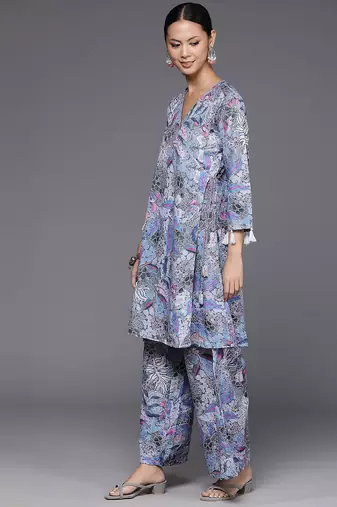 Women Abstract Printed Angrakha Style Kurta With Palazzos