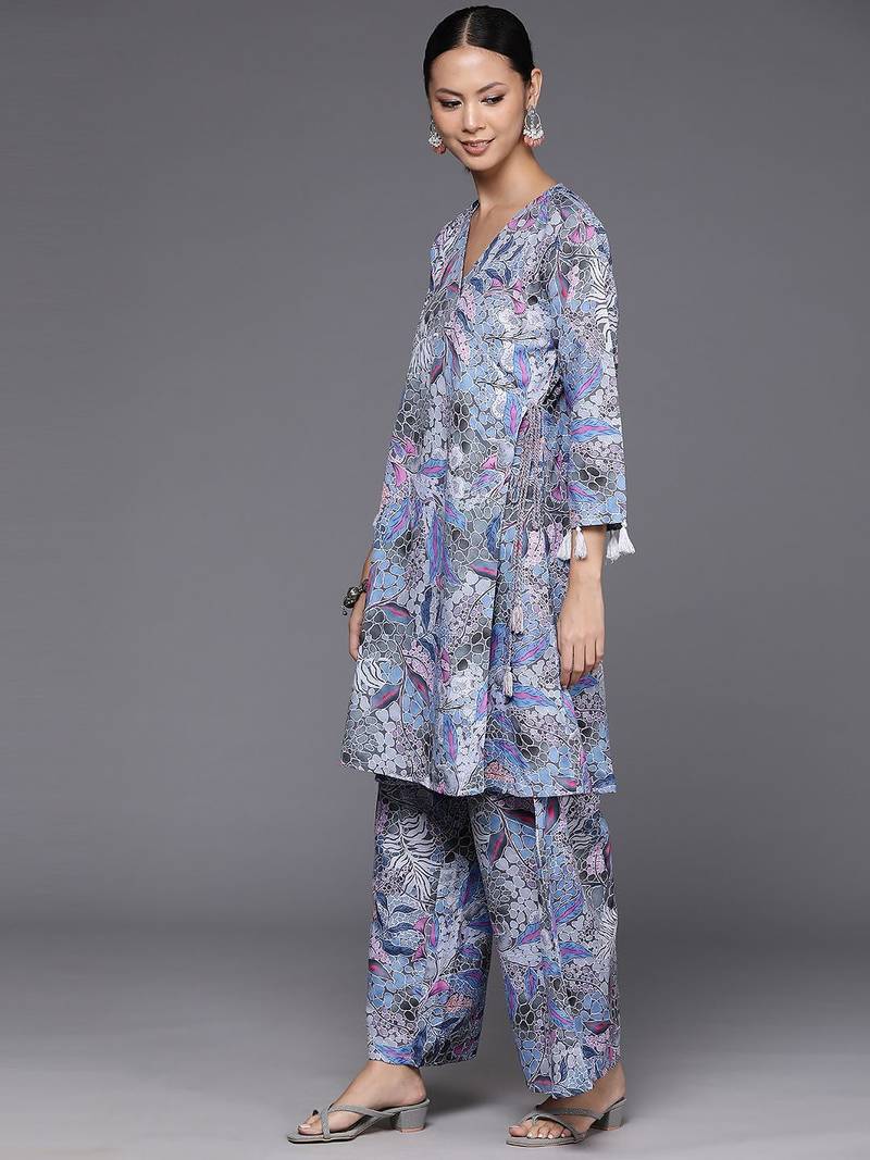Women Abstract Printed Angrakha Style Kurta With Palazzos