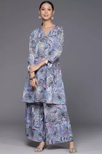 Women Abstract Printed Angrakha Style Kurta With Palazzos