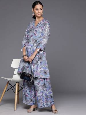 Women Abstract Printed Angrakha Style Kurta With Palazzos 1