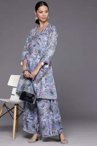 Women Abstract Printed Angrakha Style Kurta With Palazzos
