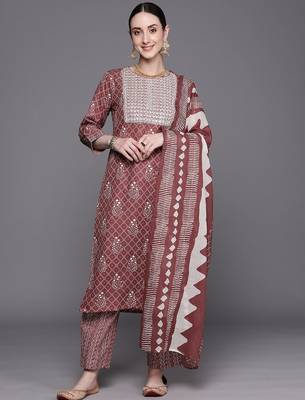 Bandhani Printed Regular Thread Work Pure Cotton Kurta With Trousers & Dupatta 1