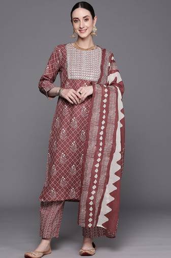 Bandhani Printed Regular Thread Work Pure Cotton Kurta With Trousers & Dupatta