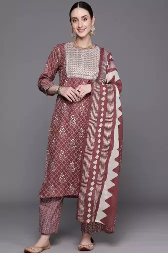 Bandhani Printed Regular Thread Work Pure Cotton Kurta With Trousers & Dupatta