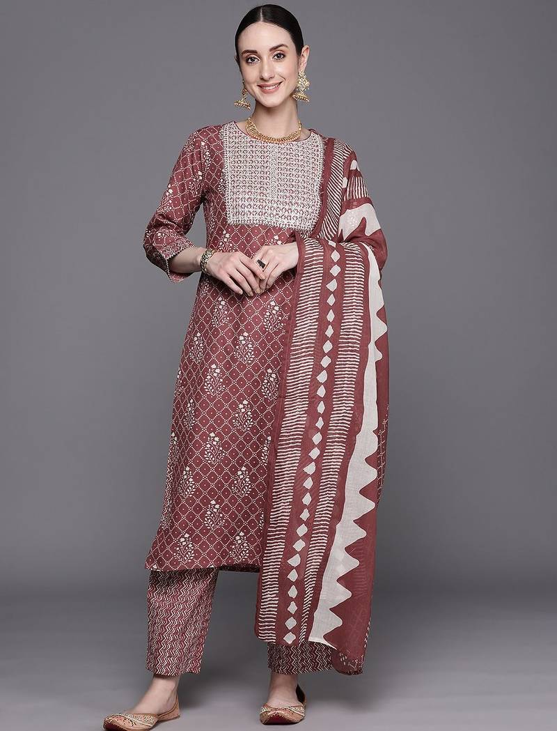 Bandhani Printed Regular Thread Work Pure Cotton Kurta With Trousers & Dupatta