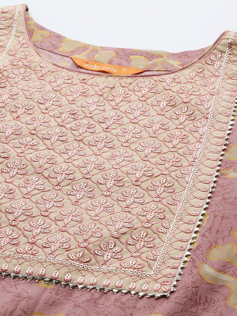 Floral Printed Regular Sequinned Pure Cotton Kurta With Trousers & Dupatta
