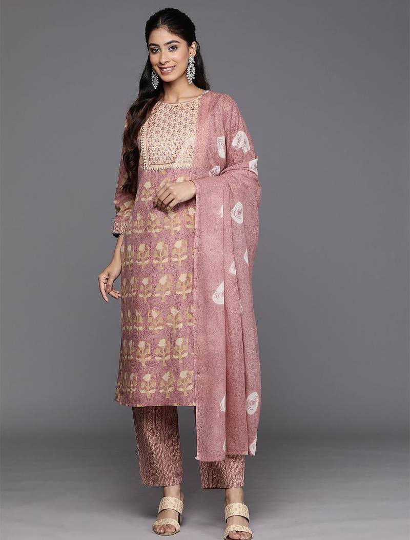 Floral Printed Regular Sequinned Pure Cotton Kurta With Trousers & Dupatta