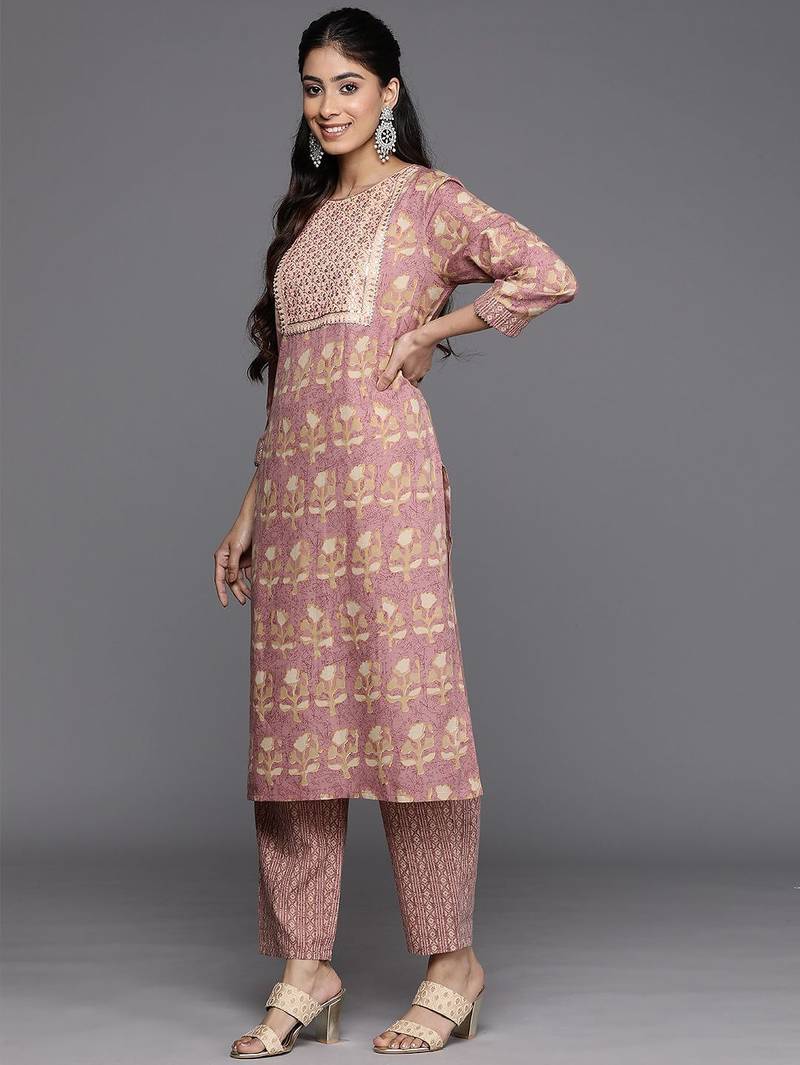 Floral Printed Regular Sequinned Pure Cotton Kurta With Trousers & Dupatta