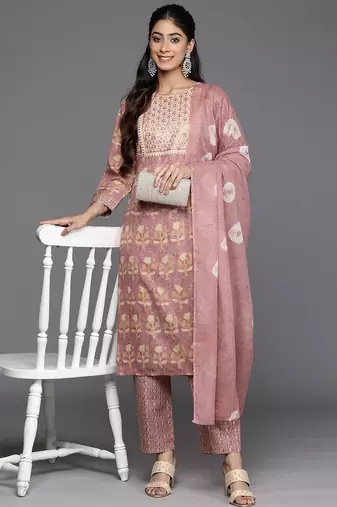 Floral Printed Regular Sequinned Pure Cotton Kurta With Trousers & Dupatta