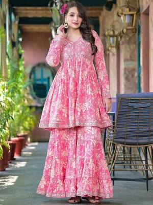 Floral Printed Empire Mirror Work Pure Cotton Kurta With Sharara & Dupatta 1