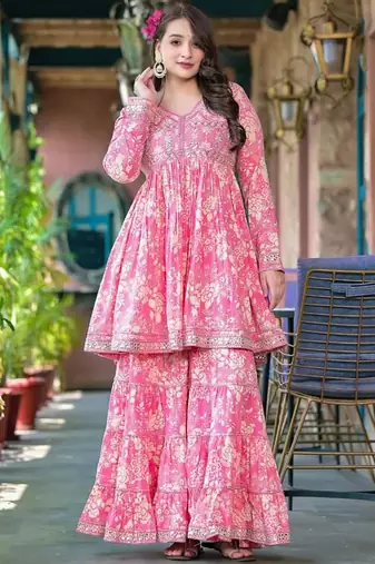 Floral Printed Empire Mirror Work Pure Cotton Kurta With Sharara & Dupatta