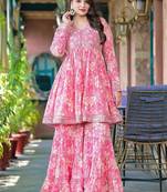 Floral Printed Empire Mirror Work Pure Cotton Kurta With Sharara & Dupatta