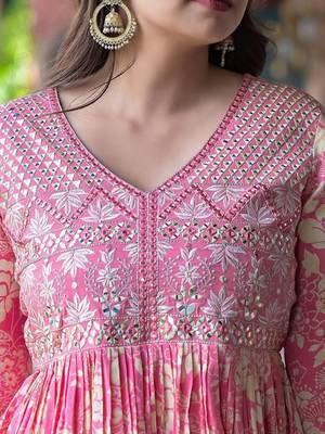 Floral Printed Empire Mirror Work Pure Cotton Kurta With Sharara & Dupatta 2