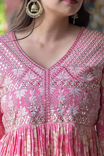 Floral Printed Empire Mirror Work Pure Cotton Kurta With Sharara & Dupatta