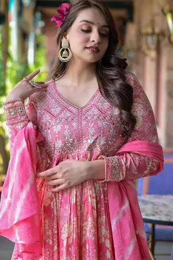 Floral Printed Empire Mirror Work Pure Cotton Kurta With Sharara & Dupatta