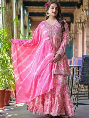 Floral Printed Empire Mirror Work Pure Cotton Kurta With Sharara & Dupatta 4
