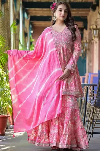 Floral Printed Empire Mirror Work Pure Cotton Kurta With Sharara & Dupatta