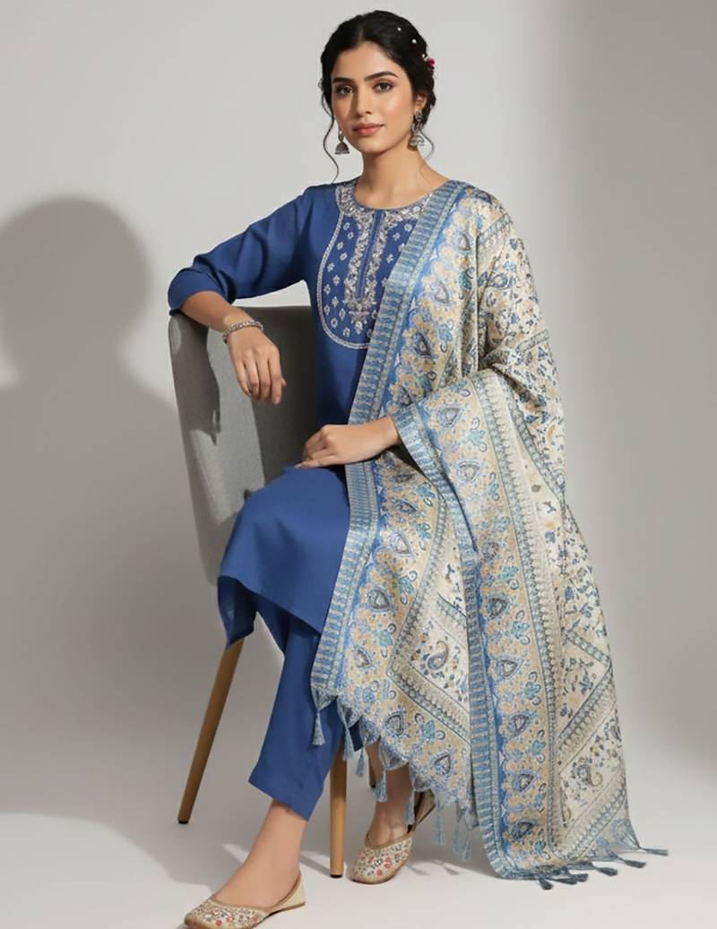 Women Ethnic Motifs Embroidered Regular Thread Work Kurta with Trousers & With Dupatta