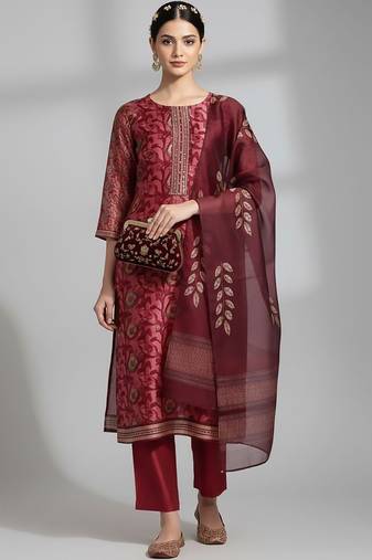 Women Ethnic Motifs Printed Regular Thread Work Kurta with Trousers & With Dupatta