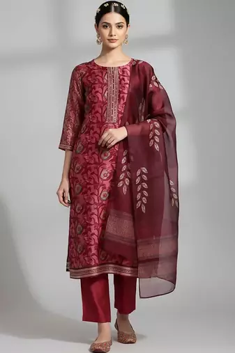 Women Ethnic Motifs Printed Regular Thread Work Kurta with Trousers & With Dupatta