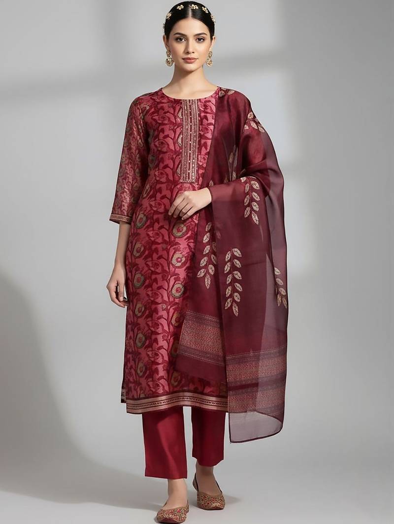 Women Ethnic Motifs Printed Regular Thread Work Kurta with Trousers & With Dupatta