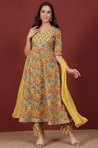 Women Floral Printed Regular Gotta Patti Pure Cotton Kurta, Trousers with Dupatta