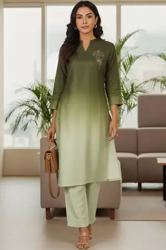 Women Ombre Dyed Regular Thread Work Kurta with Trousers
