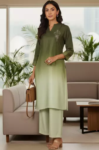 Women Ombre Dyed Regular Thread Work Kurta with Trousers