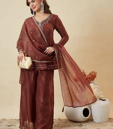 Brown embroidered shimmer silk peplum kurta with palazzo and dupatta