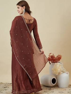 Brown embroidered shimmer silk peplum kurta with palazzo and dupatta 3