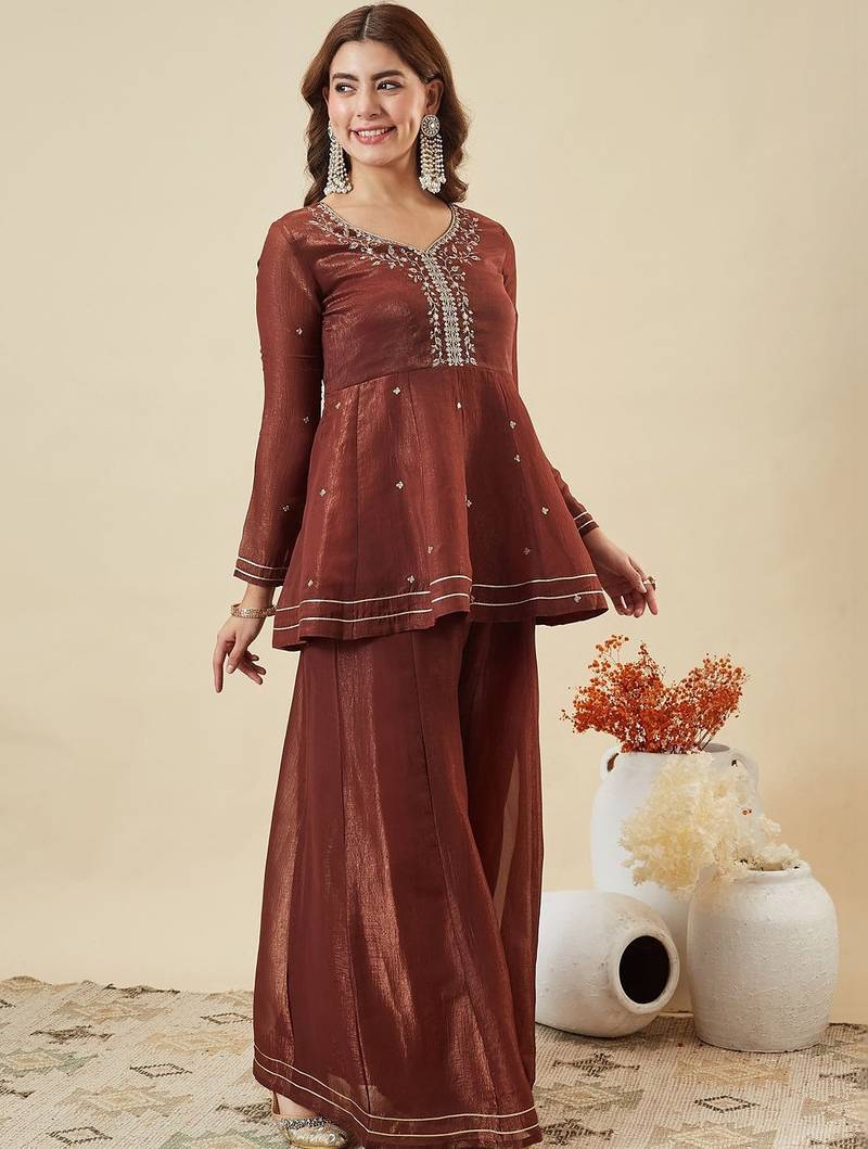 Brown embroidered shimmer silk peplum kurta with palazzo and dupatta