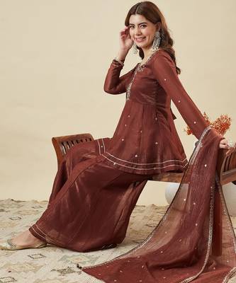 Brown embroidered shimmer silk peplum kurta with palazzo and dupatta 5